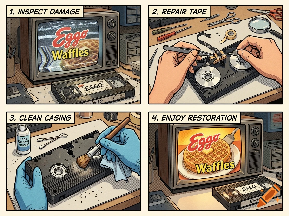Four-panel comic illustration depicting the step-by-step restoration and repair of a vintage VHS tape.