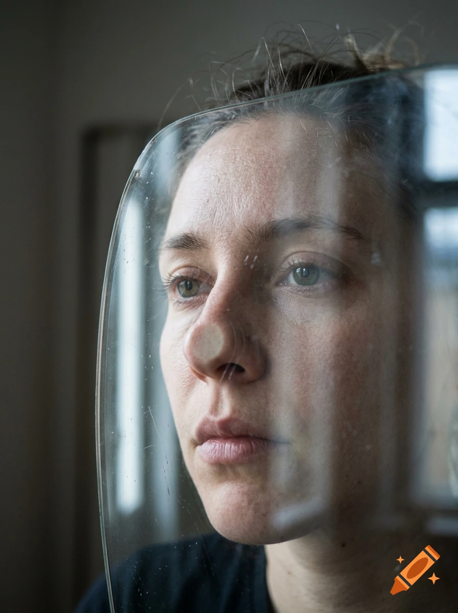 Close-up portrait of a woman looking through a curved glass or plastic shield, with her nose pressed against it.