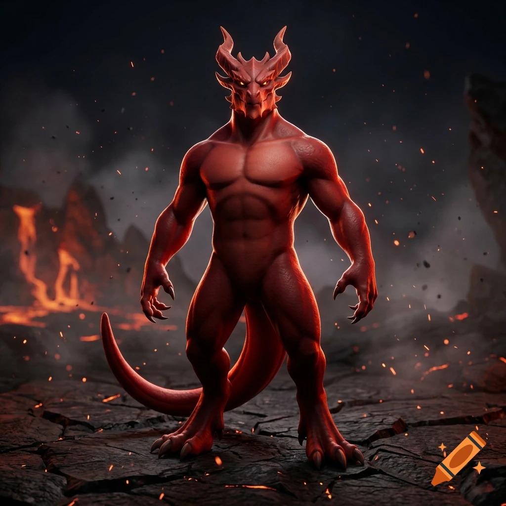 A muscular red humanoid dragon creature stands in a volcanic landscape with glowing embers and smoke.
