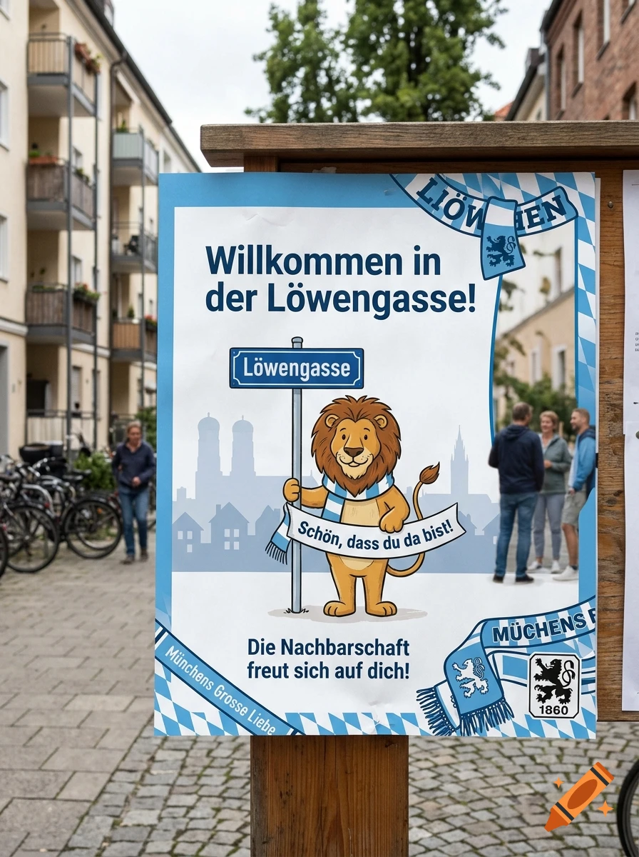 A poster posted outdoors on a wooden board featuring a cartoon lion holding a street sign and a banner with German text, against a city silhouette background.