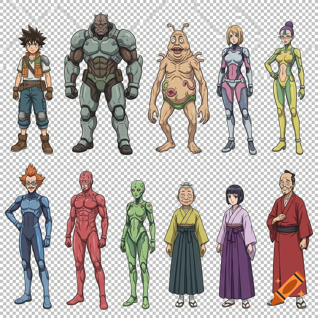 Collection of various anime-style character illustrations with a transparent background.