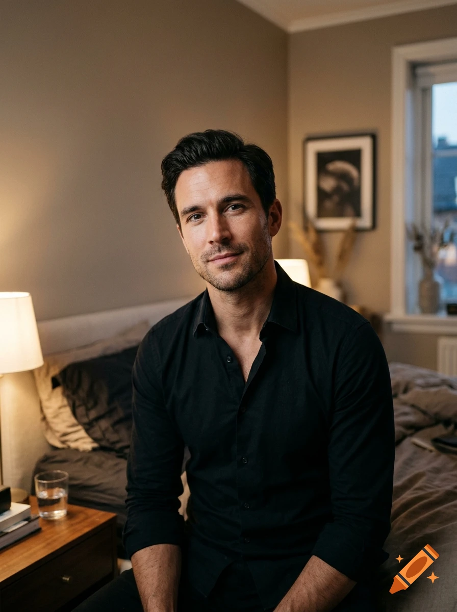 Photorealistic portrait of a confident man with dark hair in a stylish bedroom setting, wearing a black shirt.