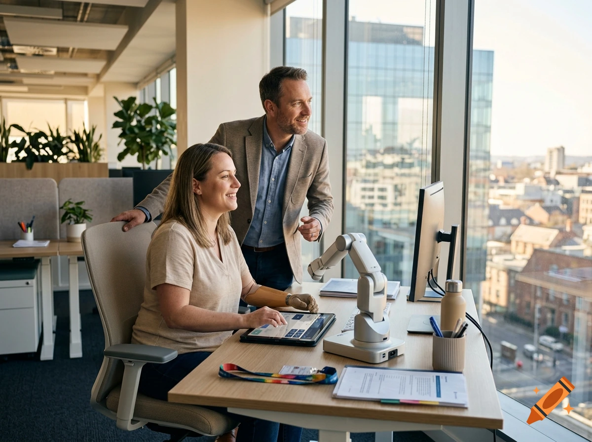 A man and a woman in an office working together on a computer with a robotic arm present on the desk, looking out a large window overlooking a city.