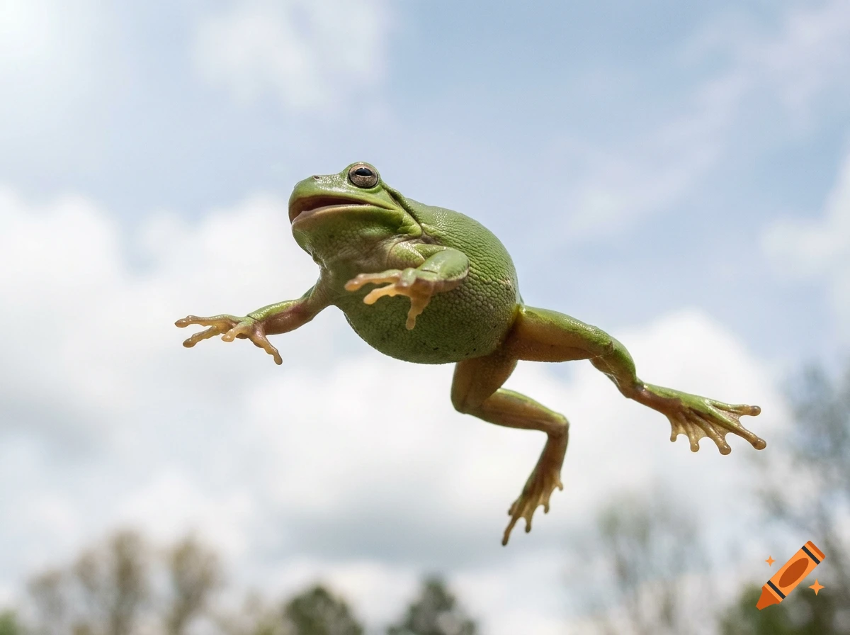 Photorealistic green frog flying against a cloudy sky background