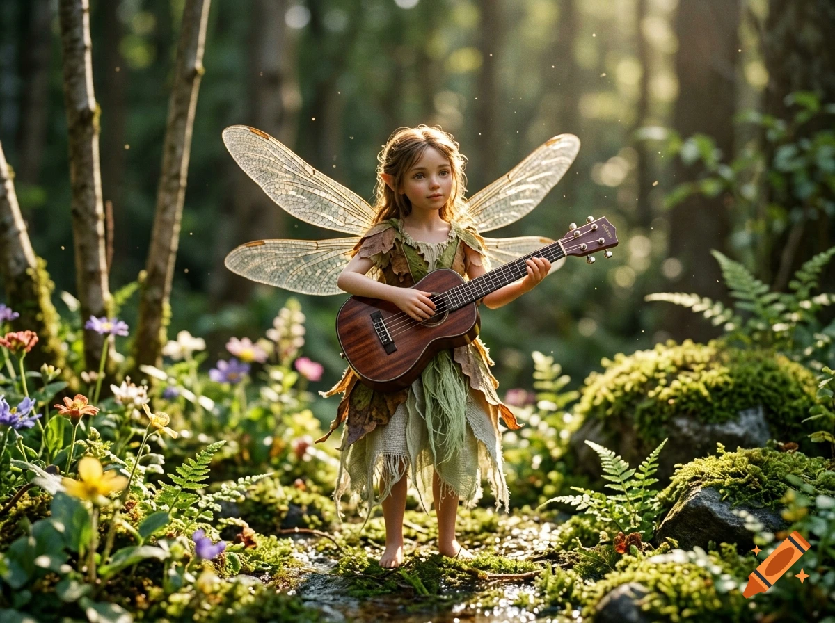 A tiny winged fairy with delicate translucent wings stands in a lush forest clearing, playing a small wooden ukulele amidst colorful wildflowers and ferns.