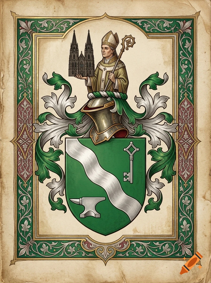 Medieval-style illuminated coat of arms featuring a green shield with a silver wavy bend, key, and anvil, topped with a bishop holding a cathedral model.