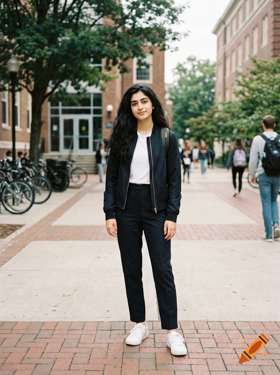 A young woman standing on a campus pathway wearing a black jacket, white shirt, and dark trousers.