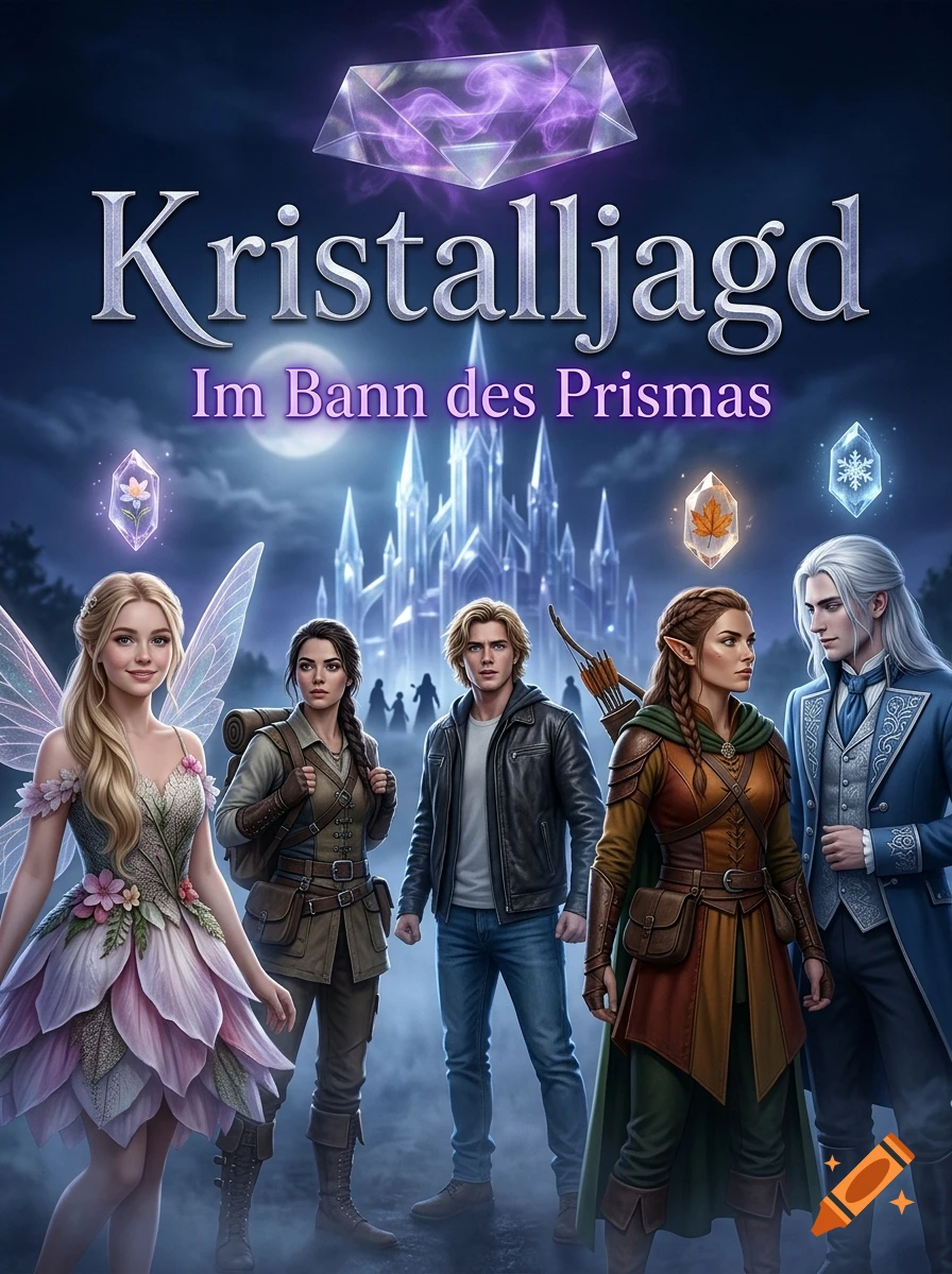 Fantasy book cover featuring five characters, a crystal castle background, and glowing crystals with purple smoke above, digital art style.