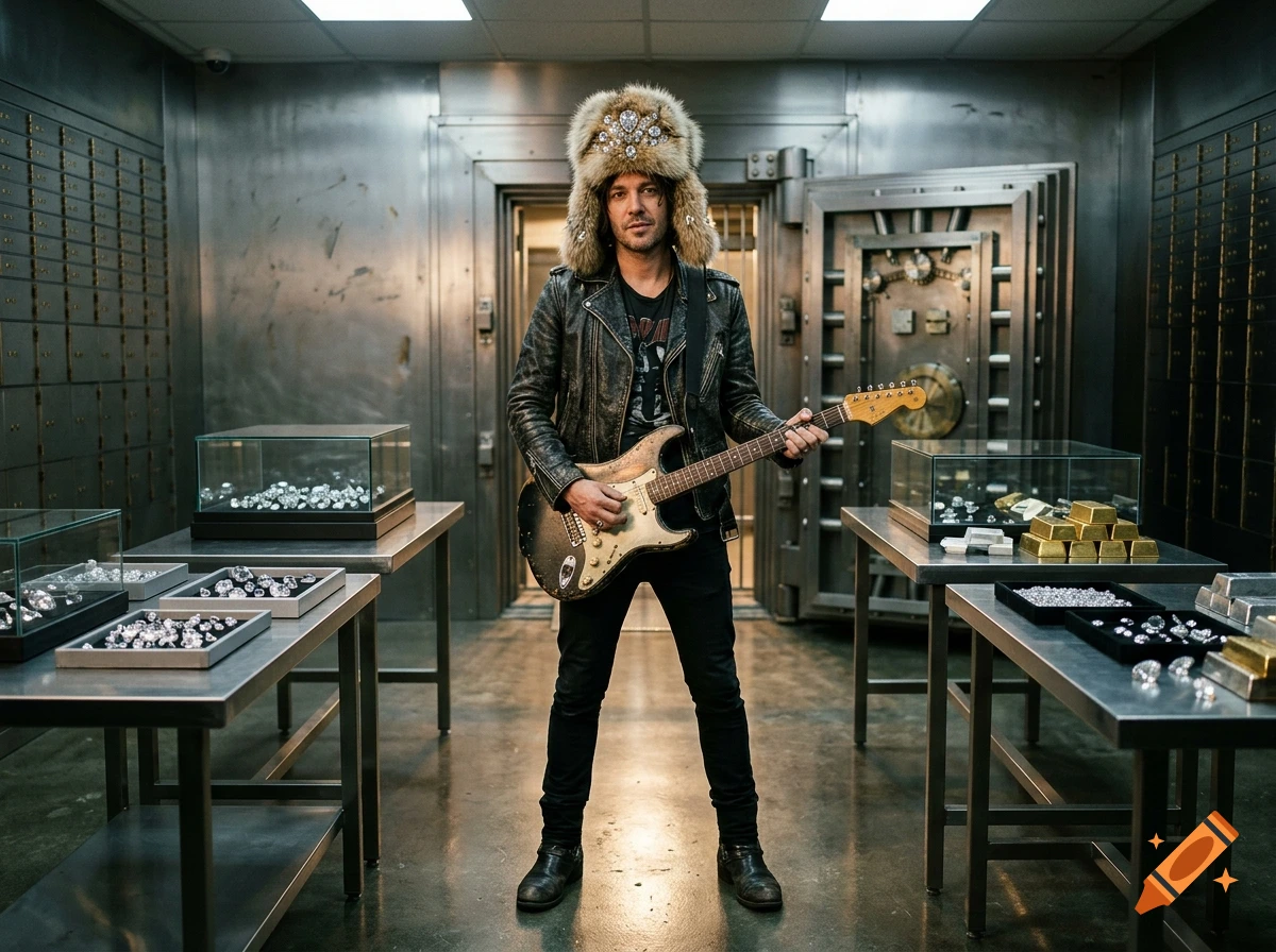A musician wearing a furry ushanka hat and leather jacket plays an electric guitar inside a bank vault filled with display cases of diamonds and gold bars.