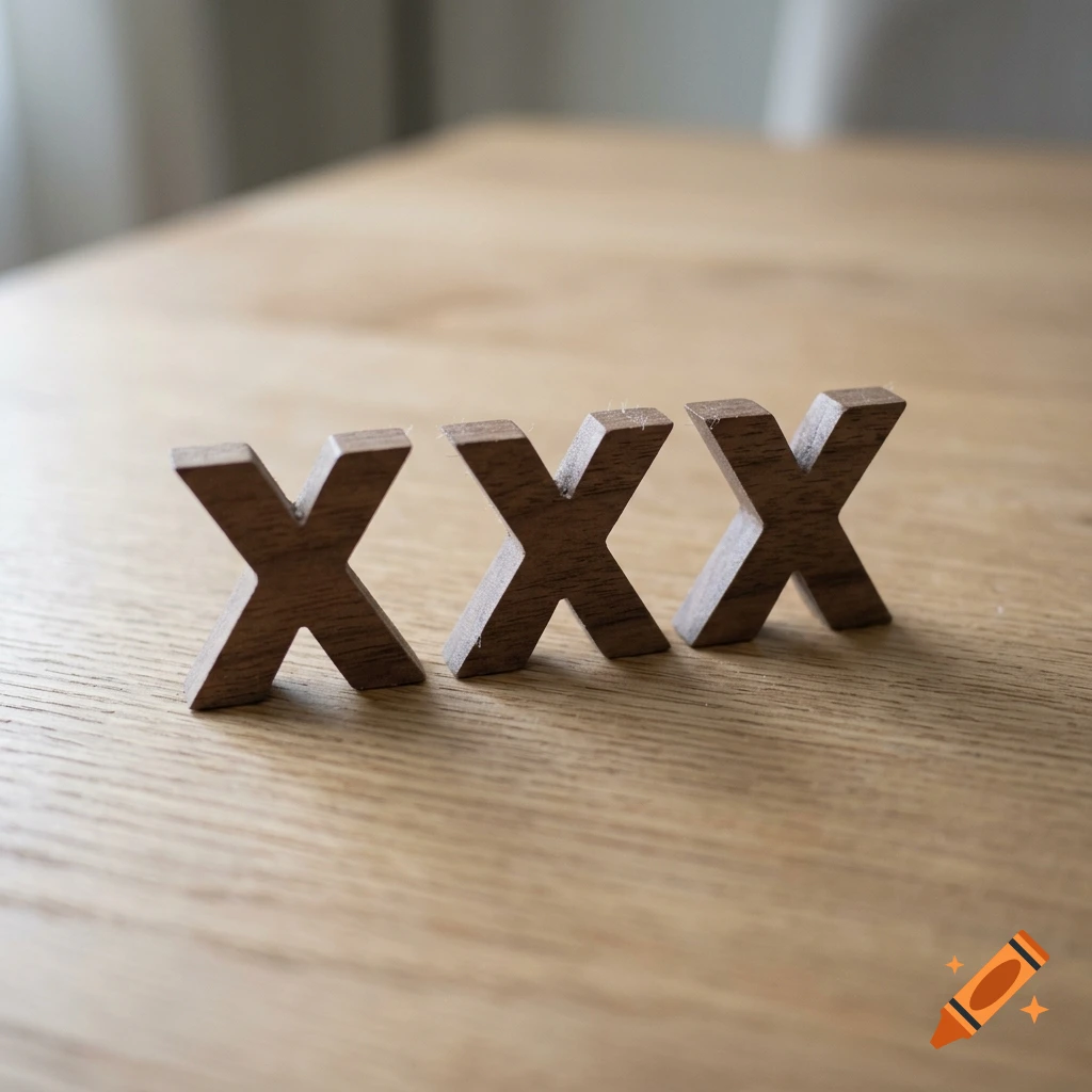 Three wooden letter X blocks standing in a row on a wooden table, photorealistic.