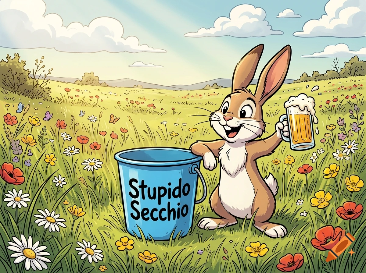 Comic style illustration of a brown rabbit holding a beer mug next to a blue bucket labeled Stupido Secchio in a flower meadow.