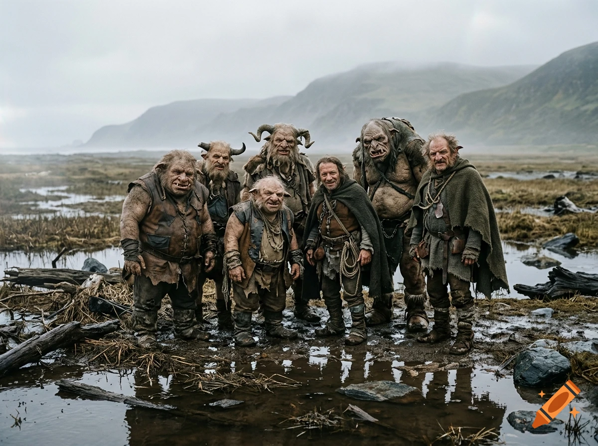 A group of six diverse fantasy trolls and creatures standing together in a muddy landscape with mountains in the background, photorealistic style.