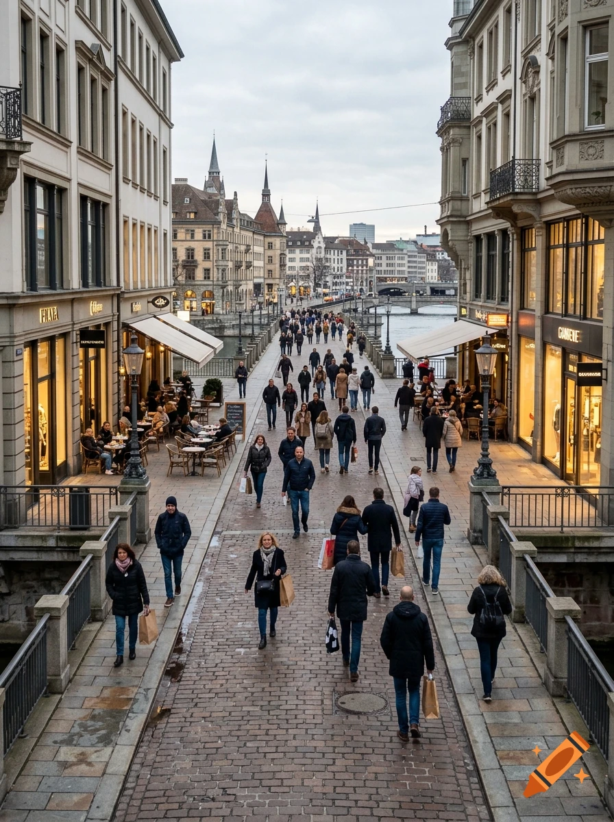 Photorealistic high-angle view of a bustling European pedestrian bridge lined with shops and people walking.