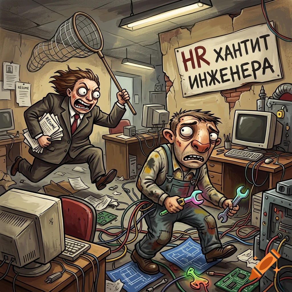 Cartoon illustration in Vasily Lozhkin style of an HR manager with a net chasing an engineer in a messy office.