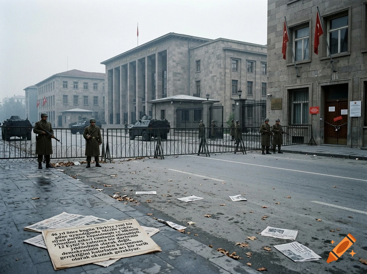 Armed soldiers guard a barricaded street outside a large stone government building with Turkish flags.