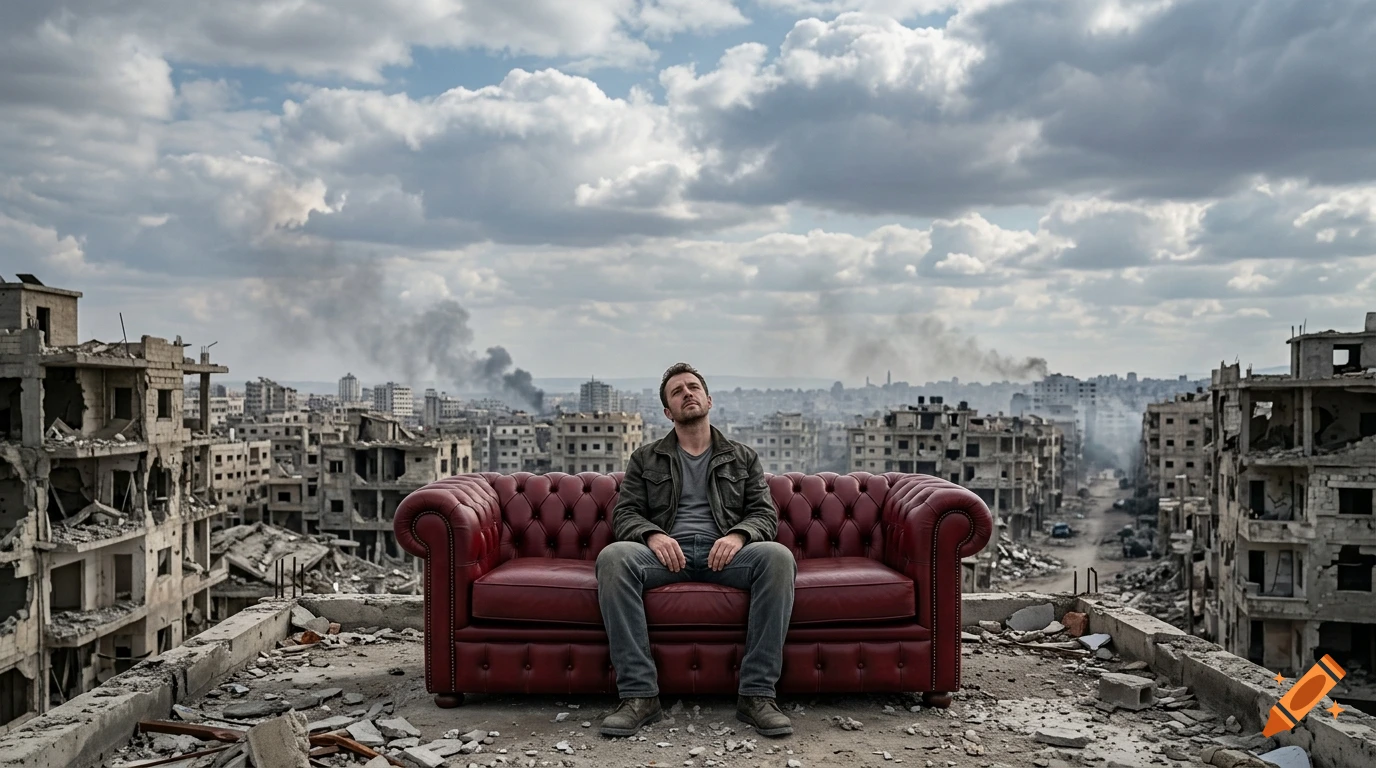 A photorealistic shot of a man sitting on a pristine red chesterfield couch on the rooftop of a bombed-out urban building.