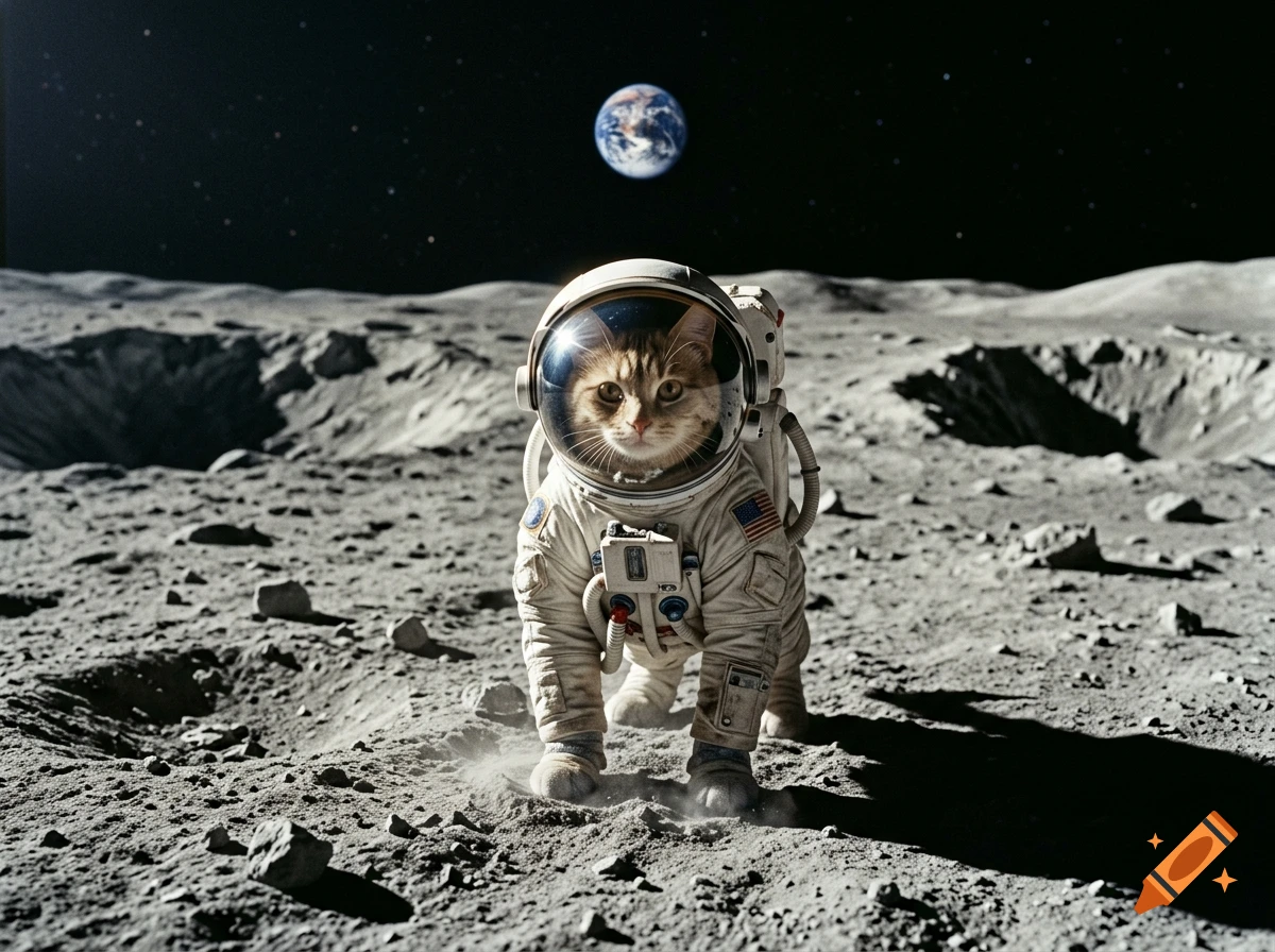 An orange tabby cat wearing an astronaut suit stands on the moon's surface, looking towards the camera, with the Earth visible in the dark starry sky above.