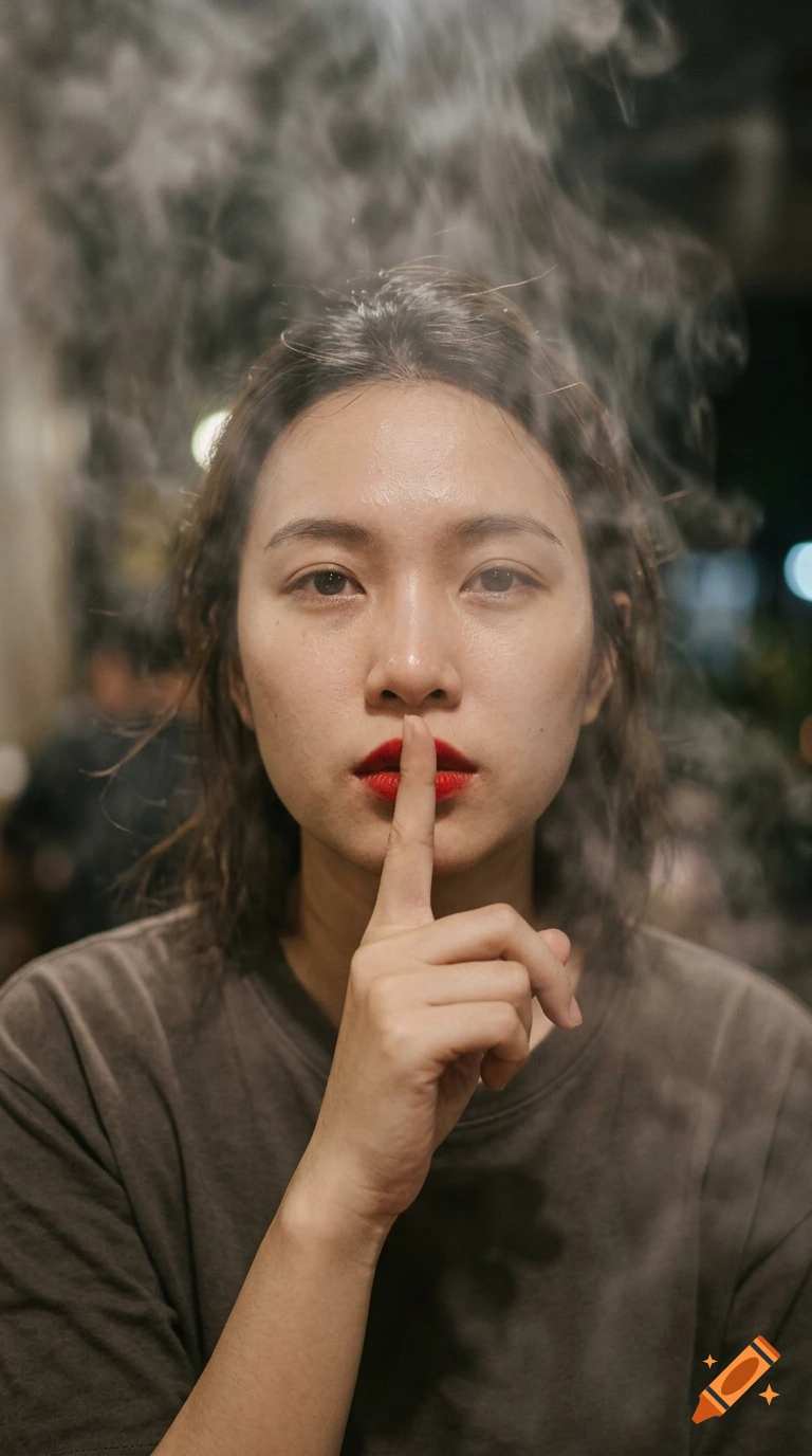 Close-up photorealistic portrait of a young woman with red lipstick holding a finger to her lips in a shushing gesture amidst smoke.