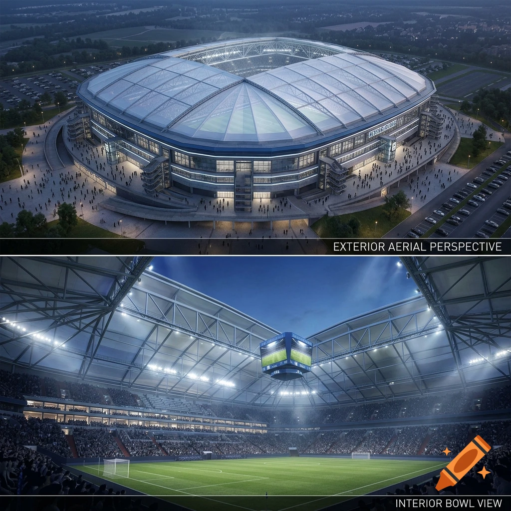 Aerial exterior and interior bowl views of a large modern domed stadium filled with crowds, photorealistic architectural visualization.
