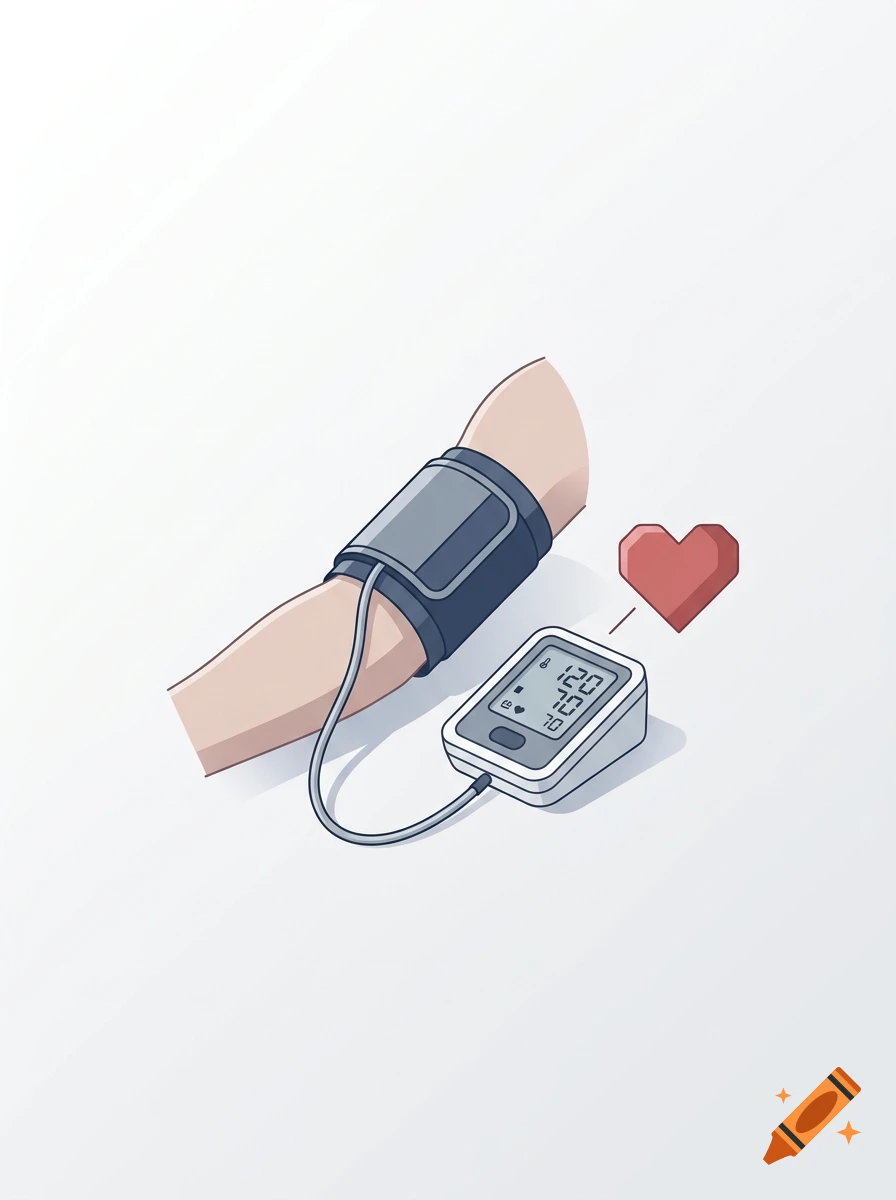 Minimalist illustration of a blood pressure monitor on an arm connected to a red heart.