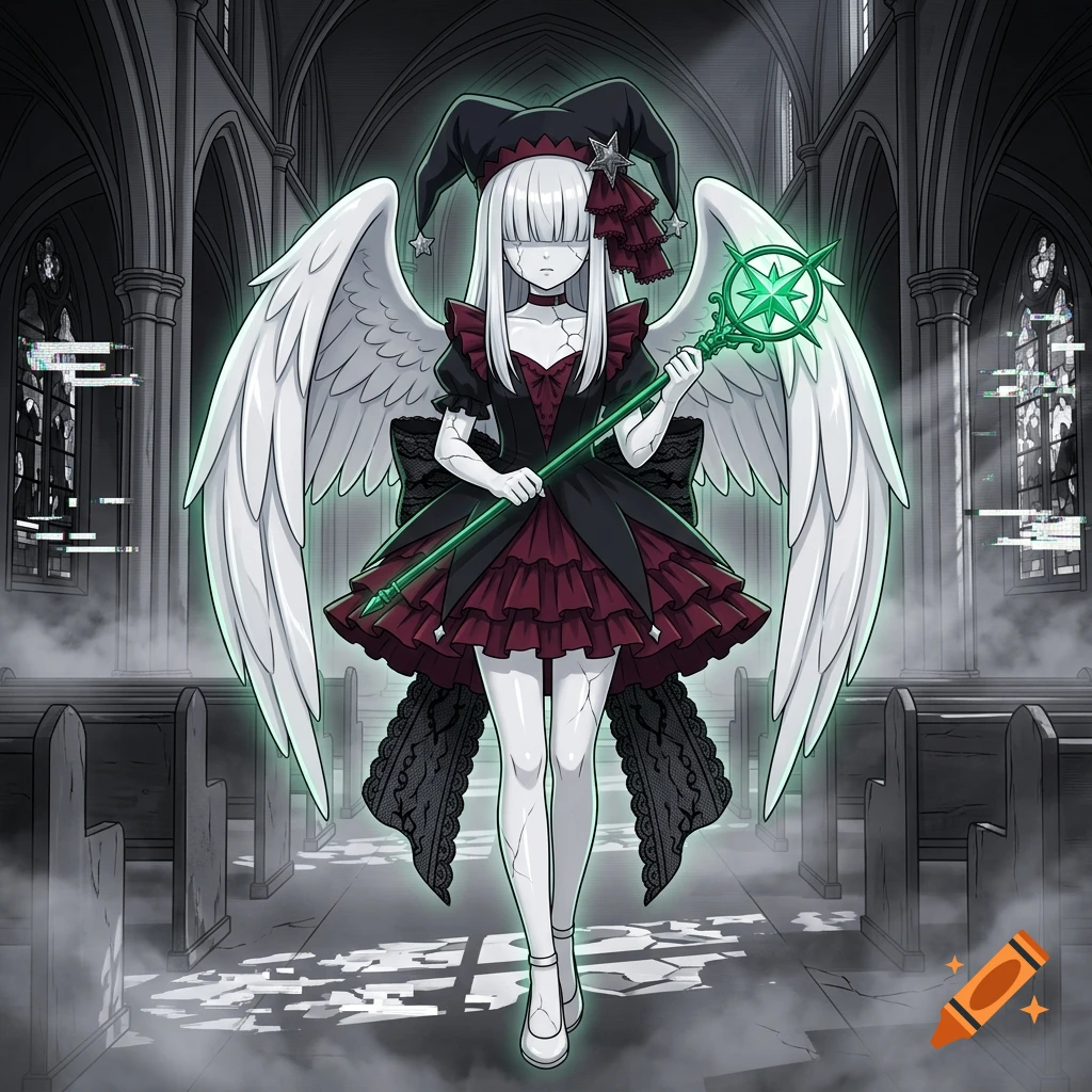 Anime ceramic-like girl with white hair and wings, wearing a black and crimson jester dress, holding a glowing green staff in a misty church.