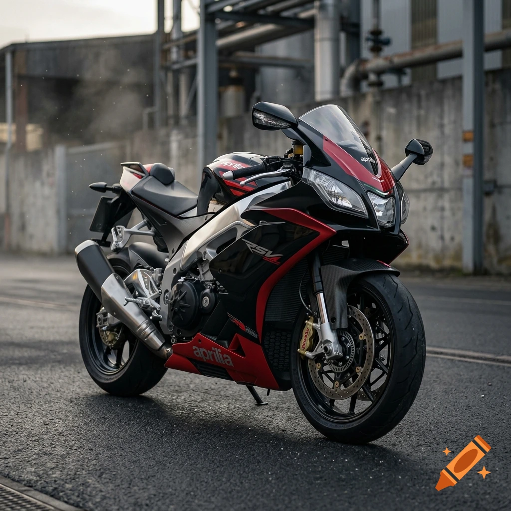 Photorealistic black and red Aprilia RSV motorcycle parked on a wet industrial street.