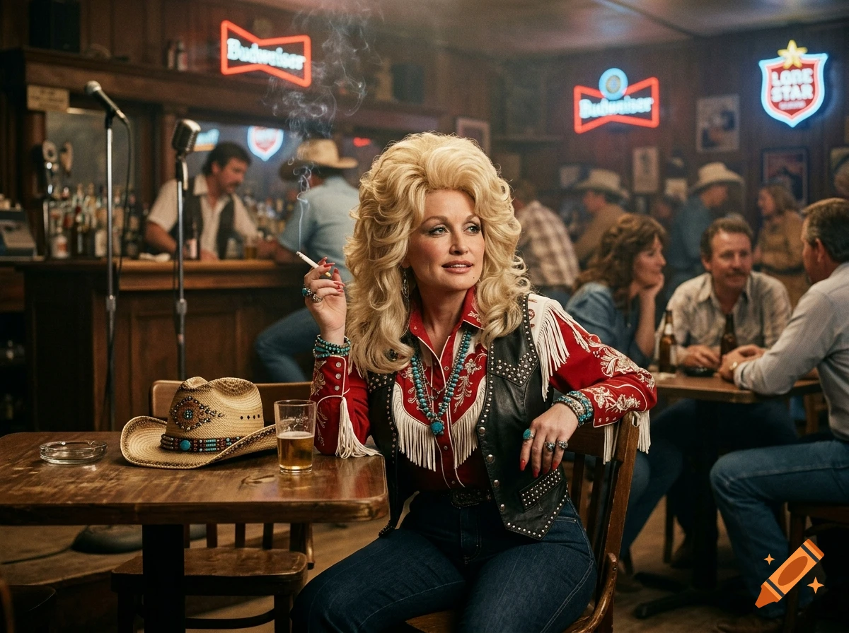Photorealistic image of Dolly Parton in 1980 cowgirl attire smoking a cigarette in a crowded country music bar.