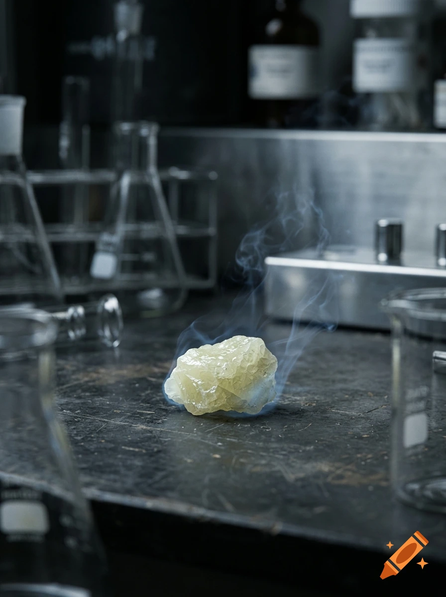 Photorealistic image of a glowing yellow rock smoking on a dark laboratory table surrounded by beakers.