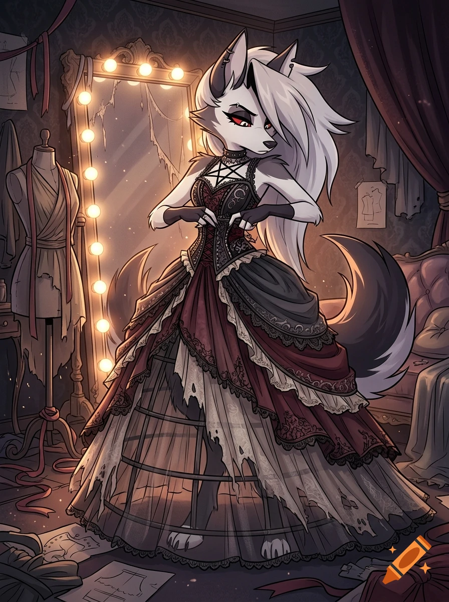 An anthropomorphic wolf character wearing a gothic-style gown stands in a dressing room with a lighted mirror and mannequin.