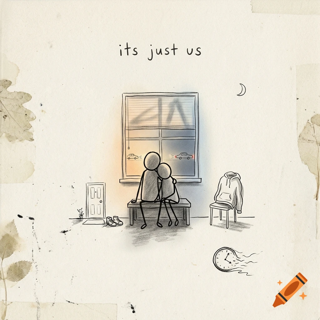 Sketch of two stick figures sitting on a bench by a window at night, with text reading 'its just us'.