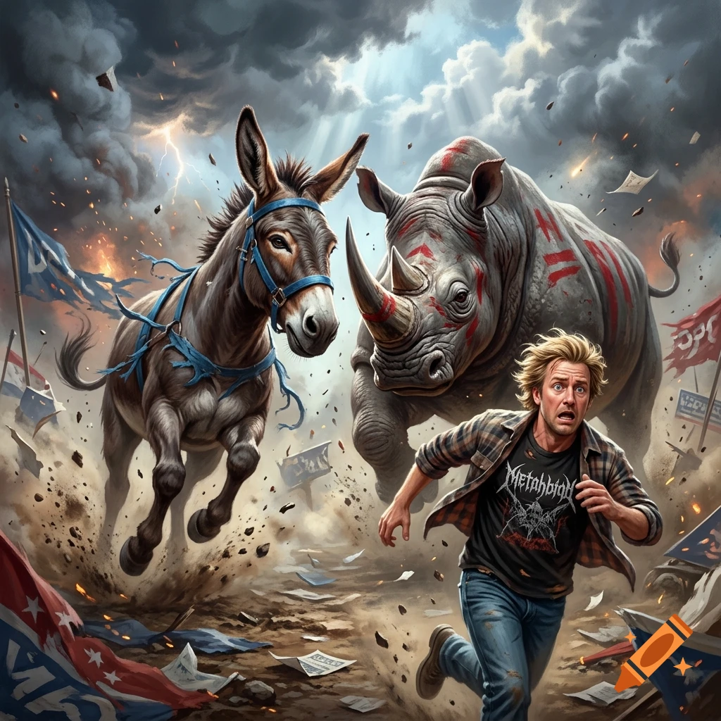 A cartoonish illustration of a donkey and a rhino charging forward in a chaotic battlefield while a terrified man runs away.