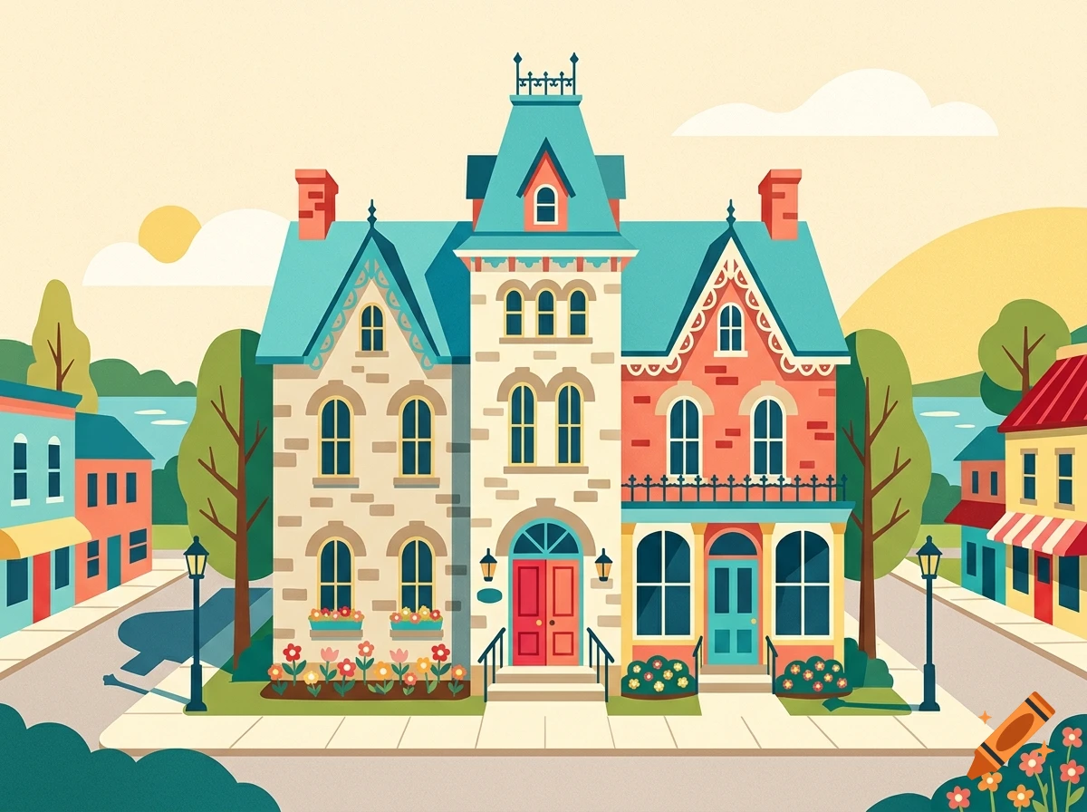 A colorful vector illustration of a Victorian-style building on a suburban street, featuring turrets, turquoise roofs, and surrounding flowers.