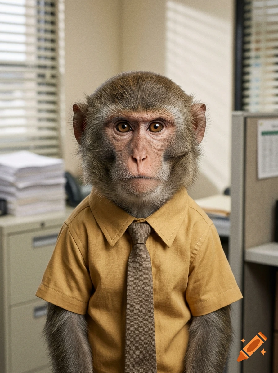 Photorealistic portrait of a cute monkey with the face of Dwight Schrute wearing a yellow shirt and brown tie in an office setting.