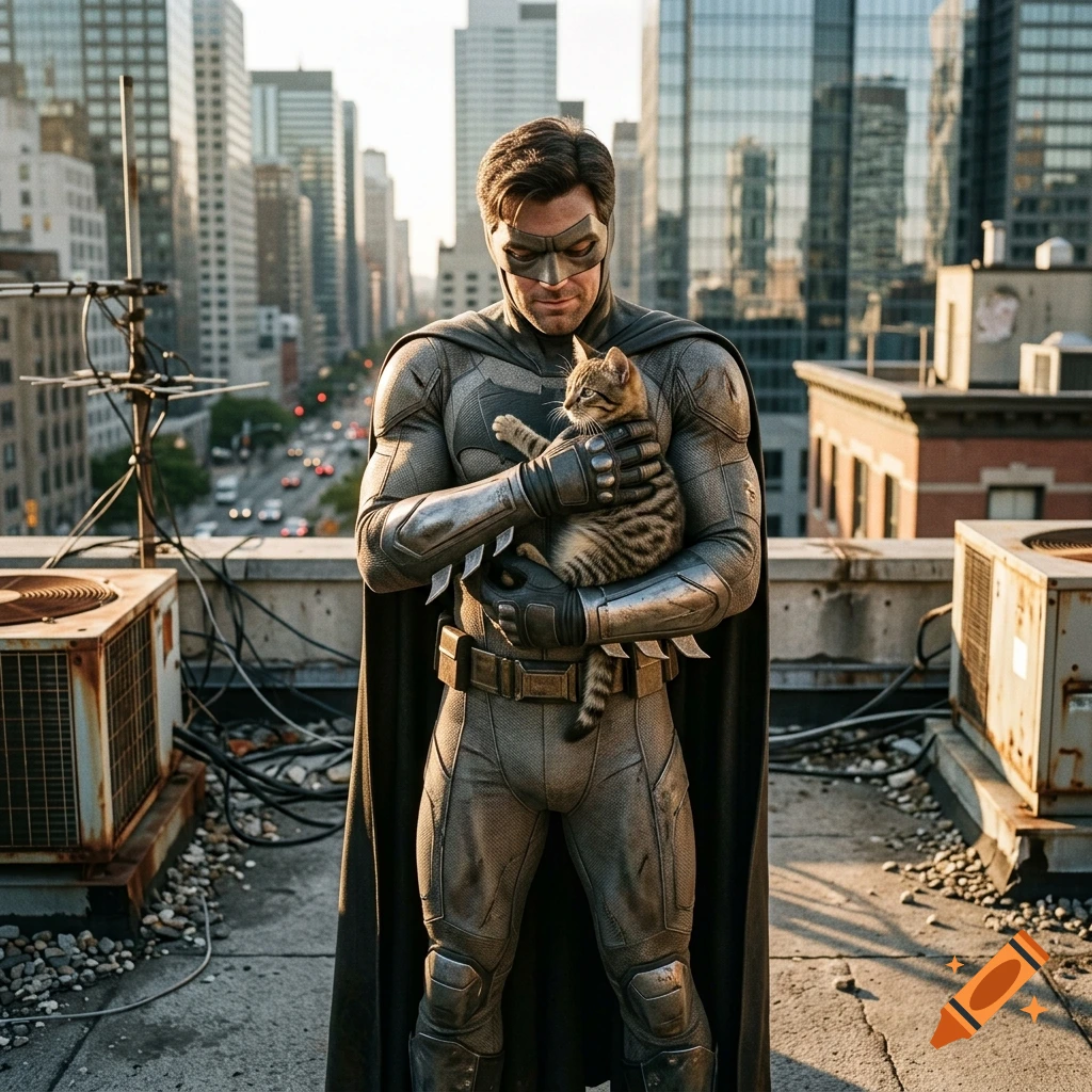 Batman character holding a tabby kitten on a city rooftop with skyscrapers in the background.