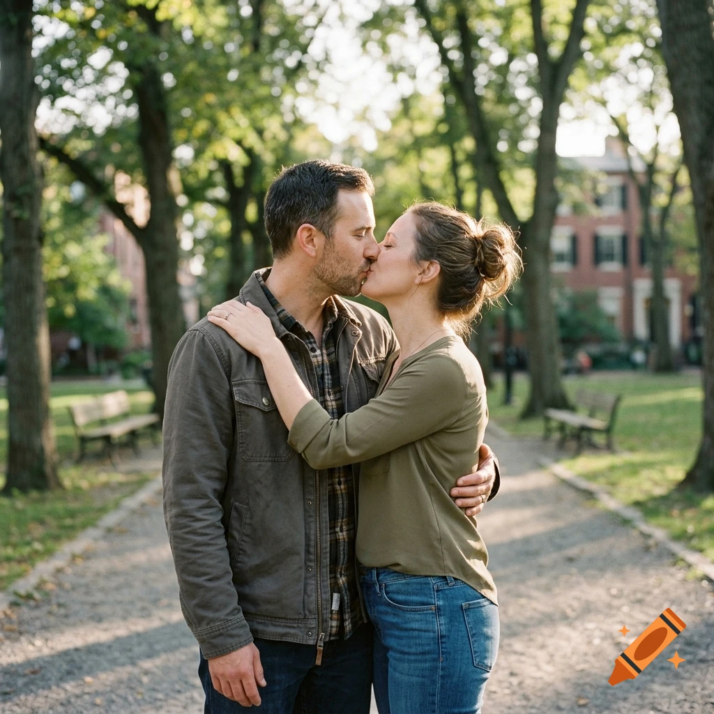 Photorealistic image of a couple kissing outdoors in a park with trees and benches.