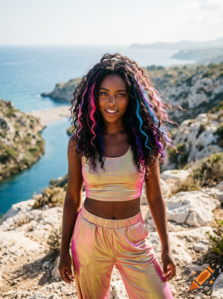 Photorealistic portrait of a young Afro-Brazilian woman with multi-colored hair standing on a coastal cliffside in Spain.