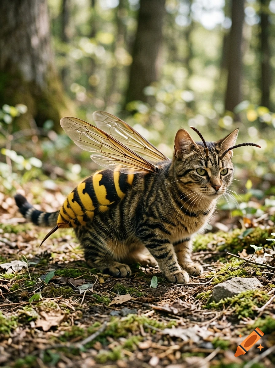 Photorealistic image of a hybrid creature combining a tabby cat and a hornet with insect wings, posing in a forest.