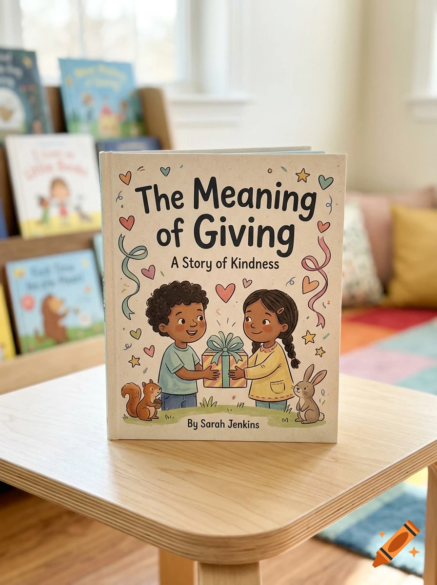 A children's book titled The Meaning of Giving stands upright on a wooden table, depicting two children sharing a gift surrounded by hearts, a squirrel, and a rabbit.