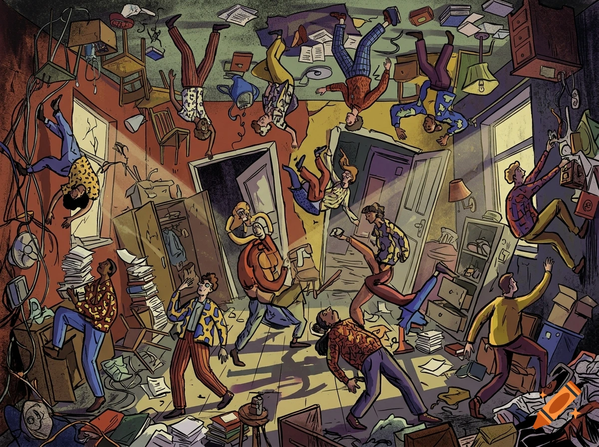 Stylized illustration of diverse individuals walking on the floors, walls, and ceiling of a messy, cluttered room.
