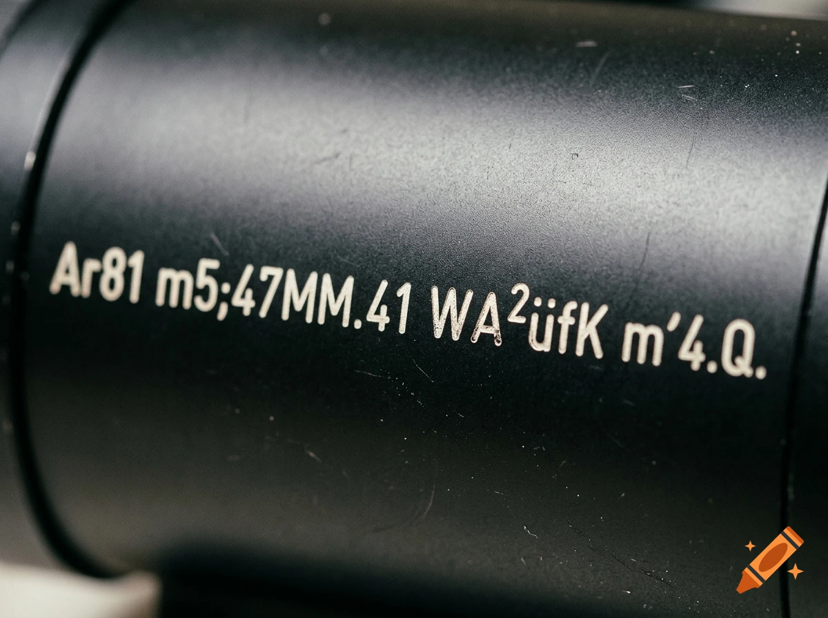Close-up of engraved text Ar81 m5;47MM.41 WA²üfK m'4.Q. on a dark metallic cylindrical surface.