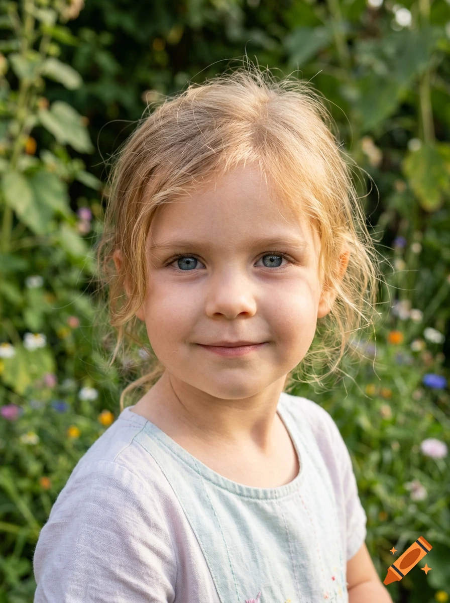 Close-up photorealistic portrait of a young blonde girl with blue eyes outdoors in a garden.
