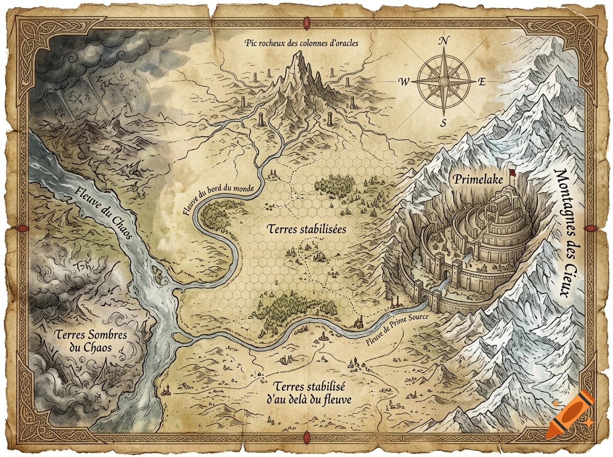 Detailed fantasy parchment map with ink and watercolor, featuring mountains, rivers, a citadel, and French labels.