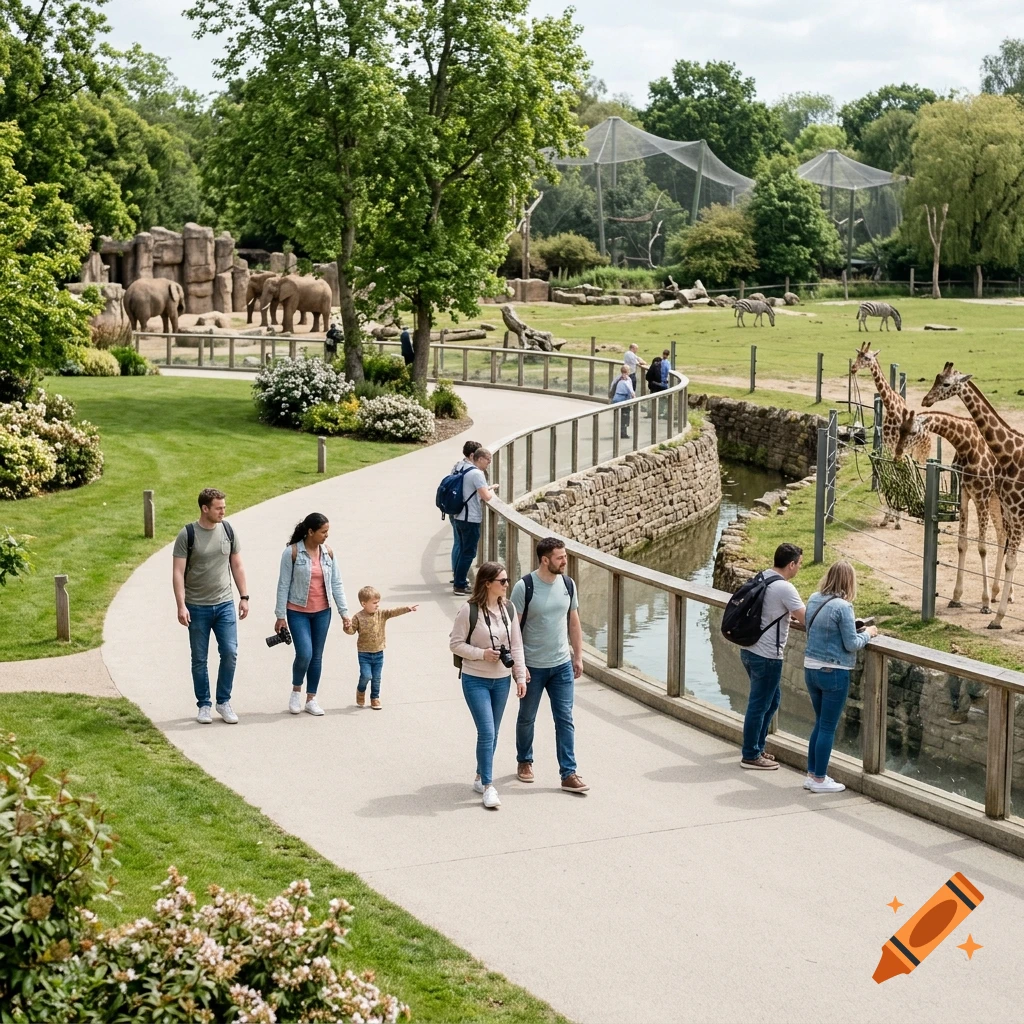 Photorealistic scene of a group of people walking along a winding path at a zoo, viewing giraffes and elephants in enclosures.