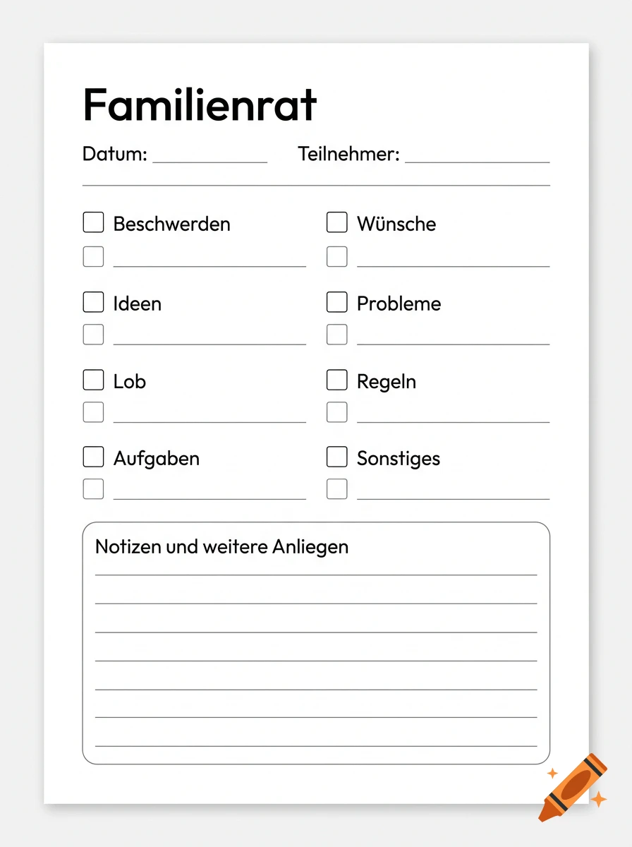 A printable German family council template with checkboxes for complaints, wishes, ideas, rules, and a notes section.
