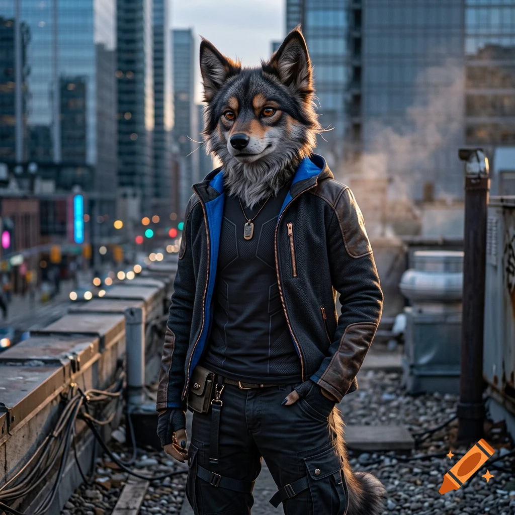 Anthropomorphic wolf character with detailed fur, wearing a tactical jacket and standing on a rooftop in a city.