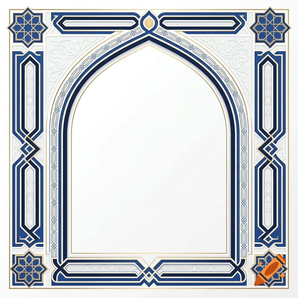 An ornate blue and white Islamic architectural arch frame with geometric patterns and negative space in the center.