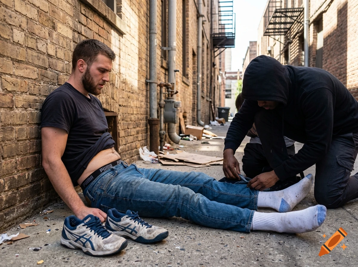 Photorealistic scene of a man leaning against an alley wall with shoes off while another person searches his pockets.