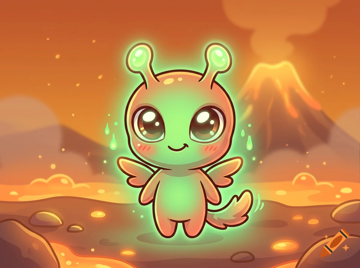 Chibi-style cute green alien with glowing antennae and a fluffy tail, standing in a volcanic landscape, digital illustration.