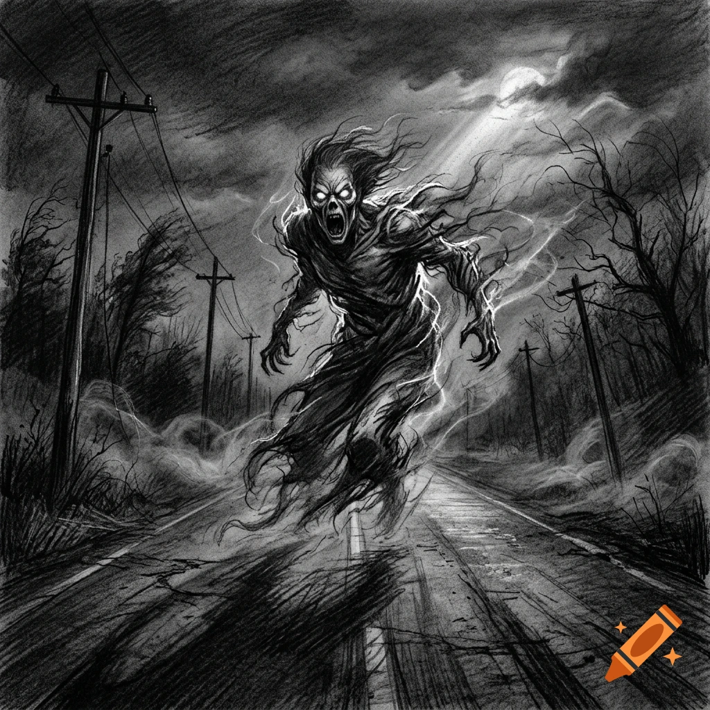 A ghostly creature with glowing eyes and a screaming expression floats above a dark country road at night under a full moon.