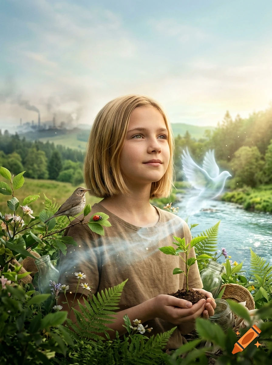 Photorealistic poster of a young blonde girl holding a small green plant in her hands near a river, with a bird and a glowing dove.
